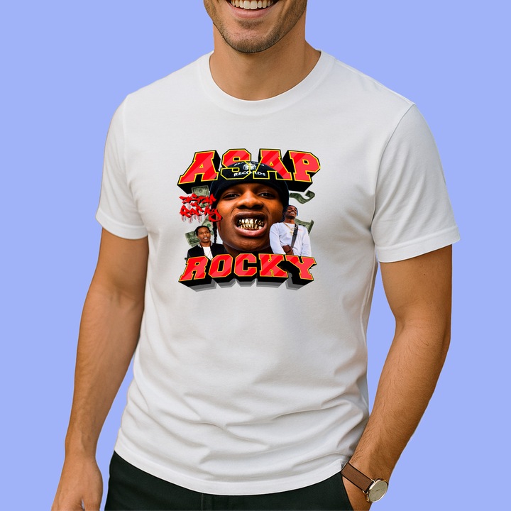 Tricou A$AP Rocky - Gold Teeth Style 2, muzica Hip-Hop / Rap, Barbat, 100% bumbac, Cri-Flo, Culoare Alb, Marime XL