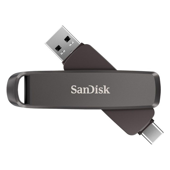 Sandisk Extreme Pro Dual Drive 512Gb, 2-в-1 USB Type-A и USB Type-C флаш устройство, висока производителност, скорост на четене до 1000 Mb/s, автоматично архивиране, управление на файлове, метален корпус, черен
