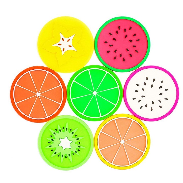 Set suporturi pahare TREXORA, multicolor, 7 bucati, PVC, rotund, rezistent la caldura, antiderapant