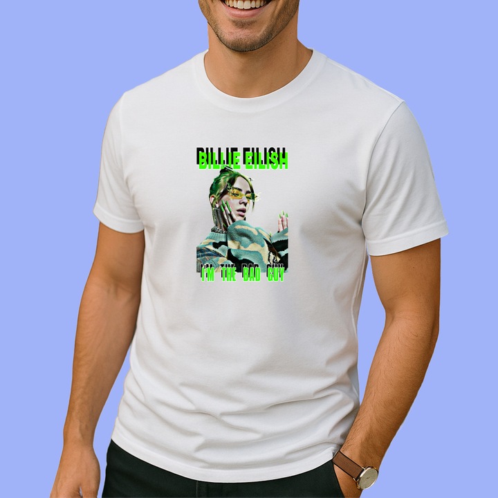 Tricou Billie Eilish - I'm the Bad Guy, muzica Hip-Hop / Pop, Barbat, 100% bumbac, Cri-Flo, Culoare Alb, Marime M