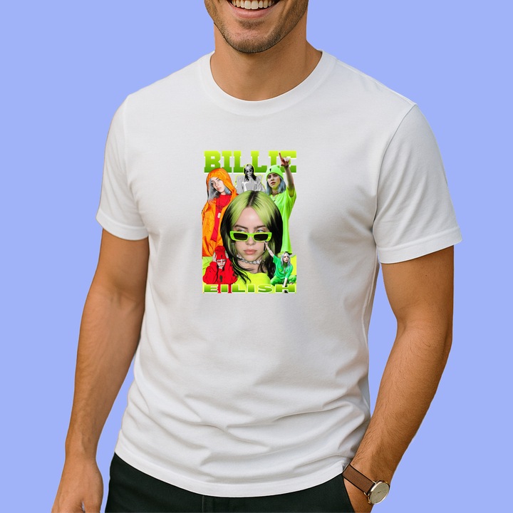 Tricou Billie Eilish - Green Hair Style 2, muzica Hip-Hop / Pop Rap, Barbat, 100% bumbac, Cri-Flo, Culoare Alb, Marime 3XL