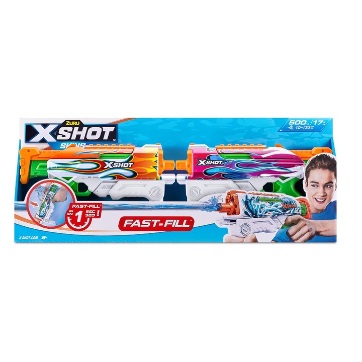 Воден пистолет X-Shot Fast-Fill Hyperload, комплект от 2, вместимост 500 мл, обхват 10 м