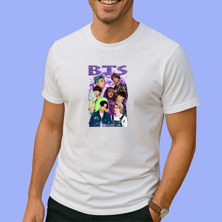 Tricou BTS, muzica R&B / Pop / Alternative R&B, Barbat, 100% bumbac, Cri-Flo, Culoare Alb, Marime 2XL