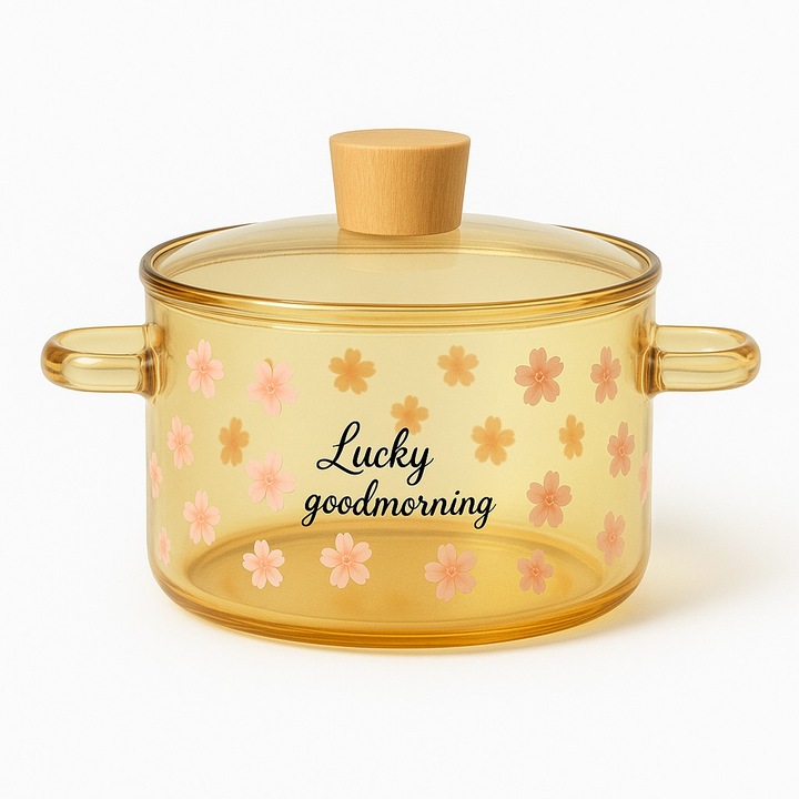 Стъклена тенджера Aurov® от боросиликатно стъкло, с щампи, термоустойчива, с капак и дръжки, електрическа или газова печка, за готвене и сервиране, 1,8 литра, прозрачна