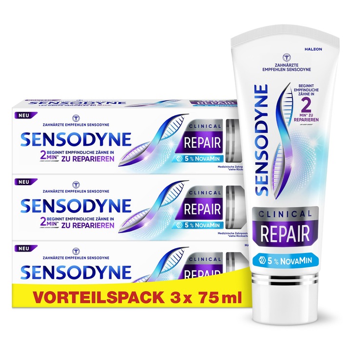 Sensodyne Clinical Repair fogkrém, 3 x 75 ml, 5% Novamin, fluoriddal, érzékeny fogakra
