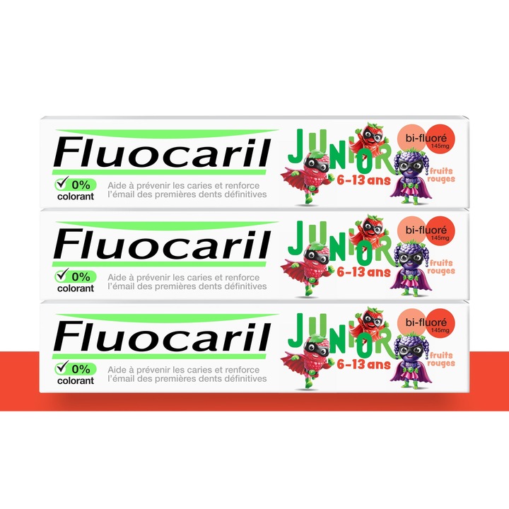 Fluocaril Junior fogkrém 6-13 éves korig, bifluorit, piros gyümölcs ízű, 3 x 75 ml-es készlet