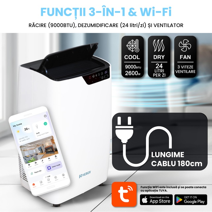 Aparat aer conditionat portabil Heber® 9000 BTU, SMART COOL, Wi-Fi, 3 in 1 Racire, Dezumidificare, Incalzire, Smart Life Gama 2025