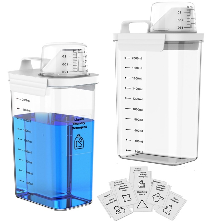 Anhow mosószertároló doboz, 2300 ml, átlátszó, tartályokkal és matricákkal