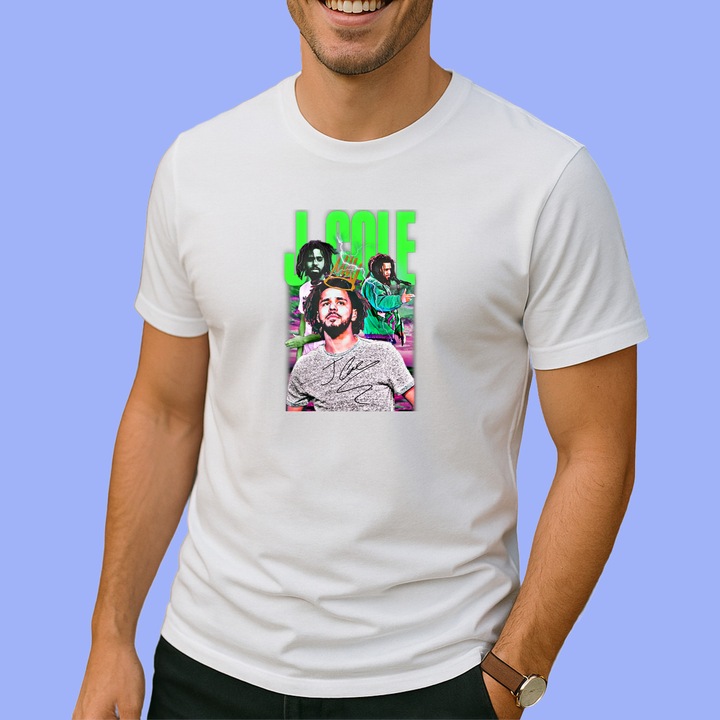 Tricou J. Cole - Neon Theme, muzica Hip-Hop / Pop / Rock, Barbat, 100% bumbac, Cri-Flo, Culoare Alb, Marime M
