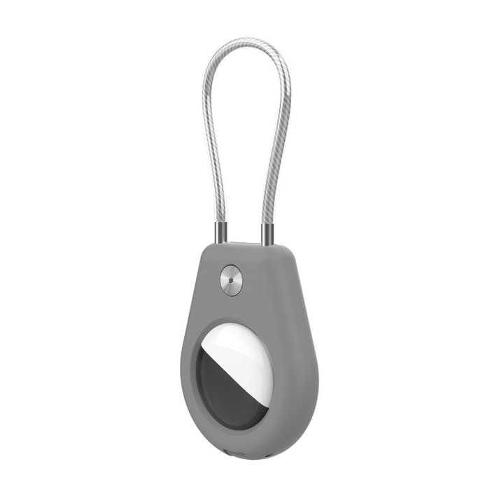 AirTag kulcstartóhoz drótkábellel, Biztonságos záras tok AirTaghez, Kompatibilis az Apple AirTags-szel, Kulcstartó lánc, AirTag védő kiegészítő kulcsokhoz, háziállatokhoz, poggyászhoz, szürke