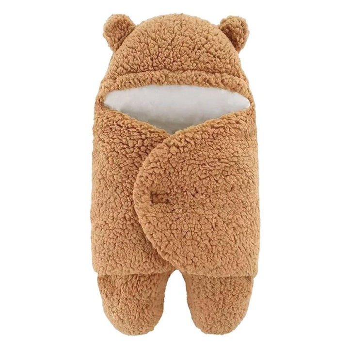 SUPER TRENDS® Prémium Bolyhos Babapóló, Babáknak 0-3 Hónapos Korig, Meleg, Medvefülekkel, Plüss Mintával, Bézs