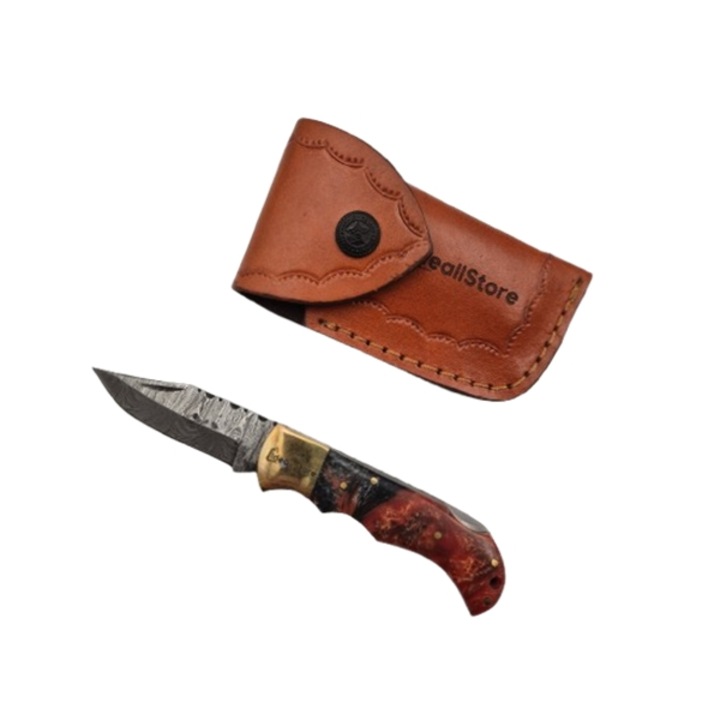 Cutit de buzunar otel damasc, pliere cu blocare, maner din lemn, teaca piele inclusa, multicolor, 17 cm