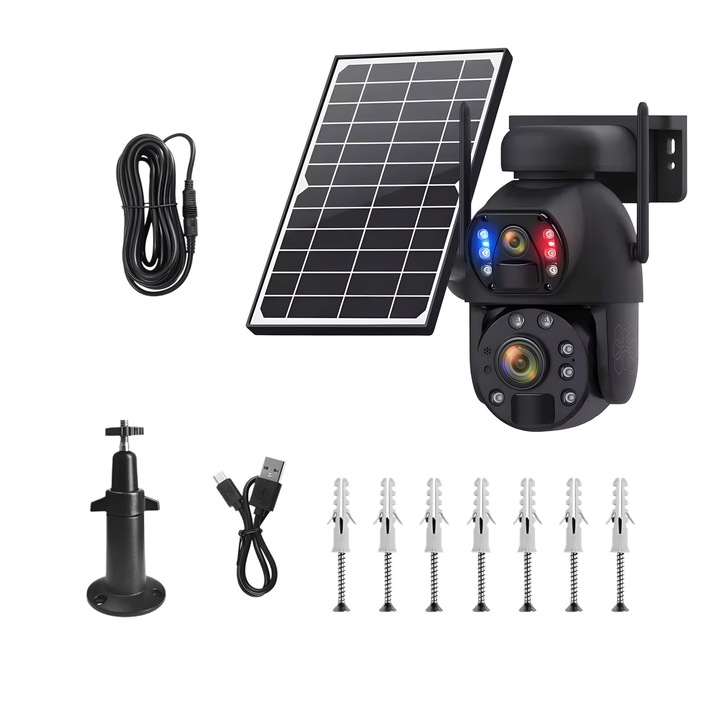4G Соларна камера за наблюдение с двоен 3MP + 3MP обектив с 50x увеличение, AI откриване на хора, 150 м нощно виждане, 12000mAh соларен панел, IP66, двупосочно аудио, без WiFi