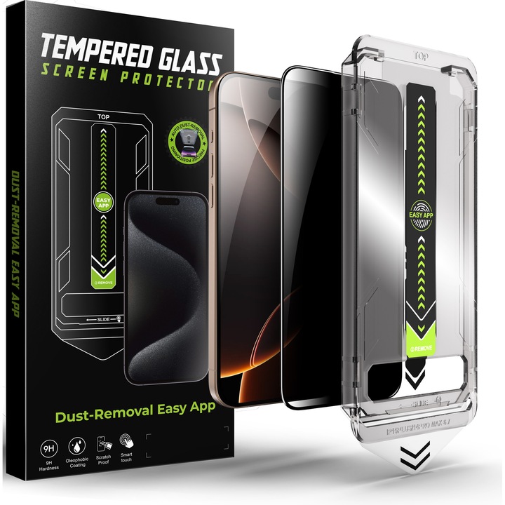 Протектор за Iphone 16 Pro, Защита от 28 градуса, закалено стъкло 0.33 мм, Анти-шпионско, Анти-пръстови отпечатъци с черни кантове 6.3", бързо поставяне с автоматично устройство за 30 секунди с Easy Install Kit, защита на телефона, RikBo