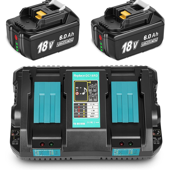 2 x 18 V 6000 mAh csere akkumulátor Makita-hoz + Kétportos 6A DC18RD töltő, kompatibilis a BL1860 BL1860B BL1850B BL1850 BL1840B BL1830B LXT-400 modellekkel