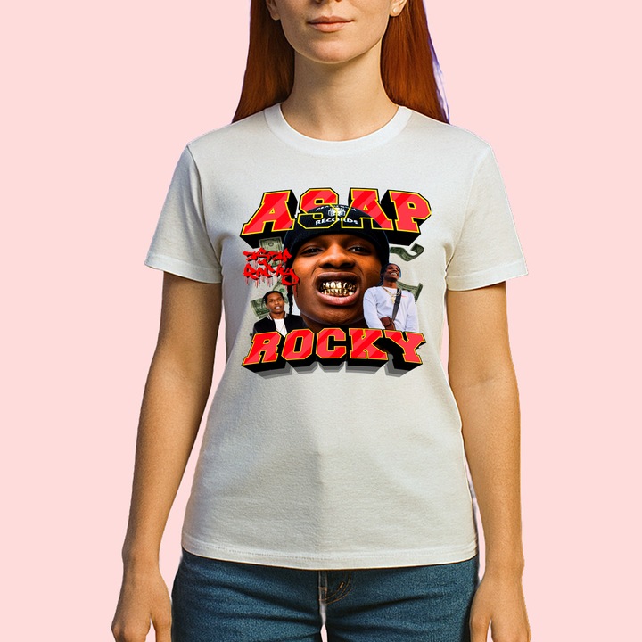 Tricou A$AP Rocky - Gold Teeth Style 2, muzica Hip-Hop / Rap, Dama, 100% bumbac, Cri-Flo, Culoare Alb, Marime M