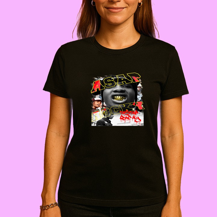 Tricou A$AP Rocky - Gold Teeth Style 1, muzica Hip-Hop / Rap, Dama, 100% bumbac, Cri-Flo, Culoare Negru, Marime M