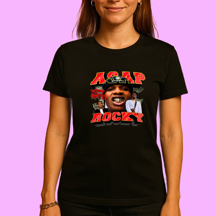 Tricou A$AP Rocky - Gold Teeth Style 2, muzica Hip-Hop / Rap, Dama, 100% bumbac, Cri-Flo, Culoare Negru, Marime L