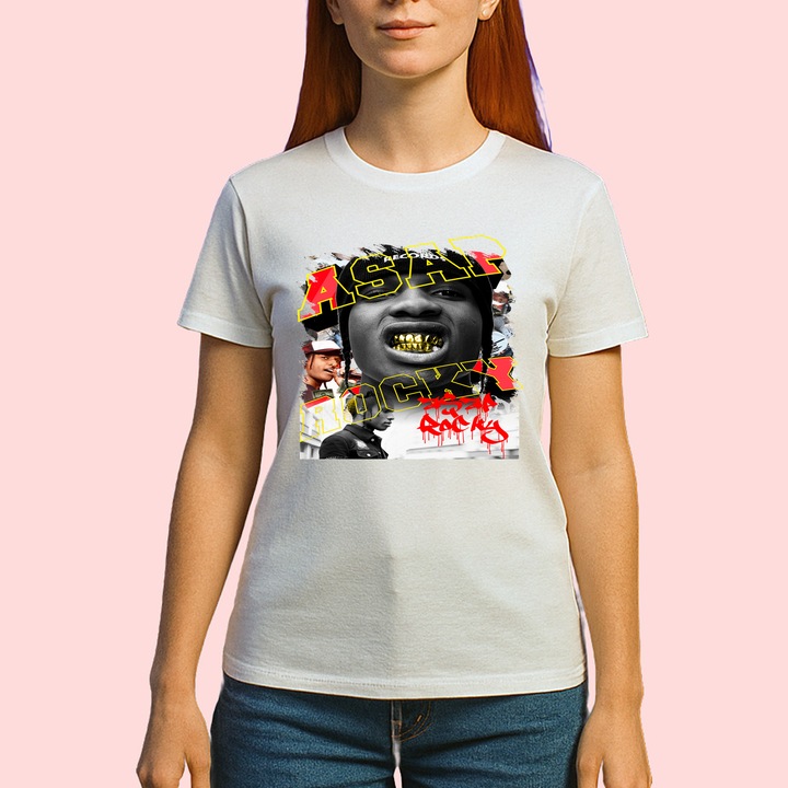 Tricou A$AP Rocky - Gold Teeth Style 1, muzica Hip-Hop / Rap, Dama, 100% bumbac, Cri-Flo, Culoare Alb, Marime 2XL