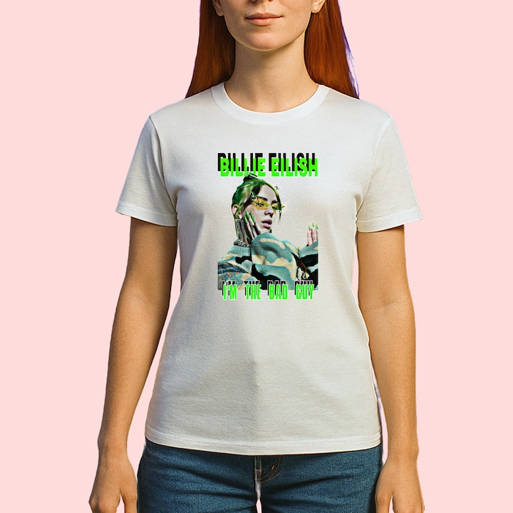 Tricou Billie Eilish - I'm the Bad Guy, muzica Hip-Hop, Dama, 100% bumbac, Cri-Flo, Culoare Alb, Marime 2XL