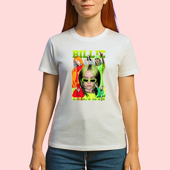 Tricou Billie Eilish - Green Hair Style 2, muzica Hip-Hop (Gangsta Rap), Dama, 100% bumbac, Cri-Flo, Culoare Alb, Marime M