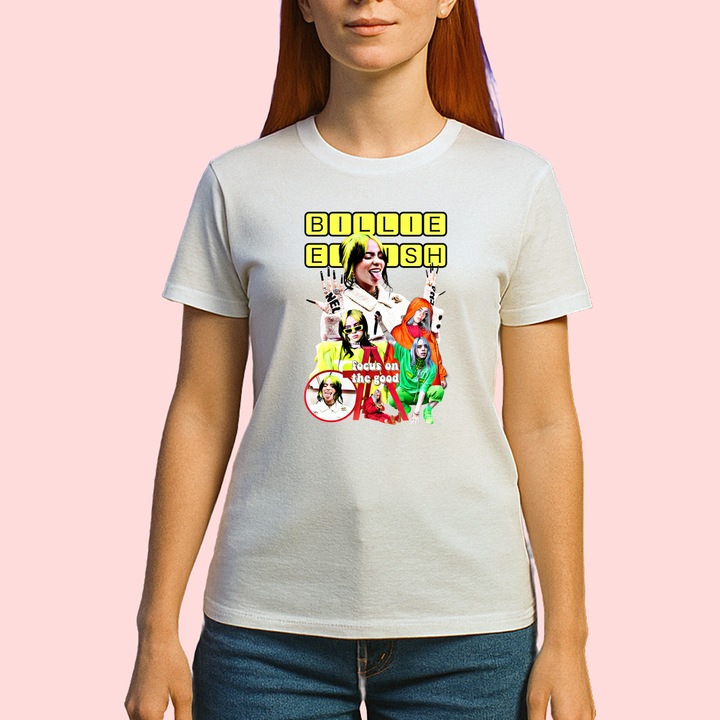 Tricou Billie Eilish - Focus on the Good, muzica Hip-Hop, Dama, 100% bumbac, Cri-Flo, Culoare Alb, Marime 2XL