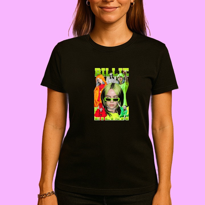 Tricou Billie Eilish - Green Hair Style 2, muzica Rock (Emo / Alternative), Dama, 100% bumbac, Cri-Flo, Culoare Negru, Marime 2XL