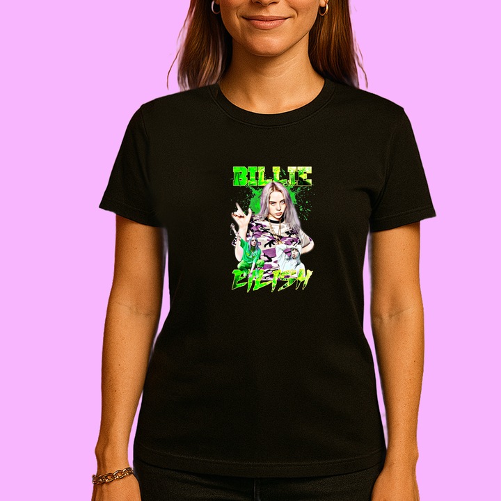 Tricou Billie Eilish - Neon Look, muzica Pop Rock, Dama, 100% bumbac, Cri-Flo, Culoare Negru, Marime L