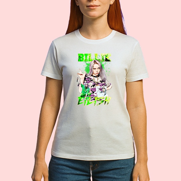 Tricou Billie Eilish - Neon Look, muzica Hip-Hop, Dama, 100% bumbac, Cri-Flo, Culoare Alb, Marime XS