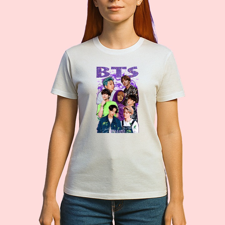Tricou BTS, muzica Hip-Hop / Southern Rap, Dama, 100% bumbac, Cri-Flo, Culoare Alb, Marime S