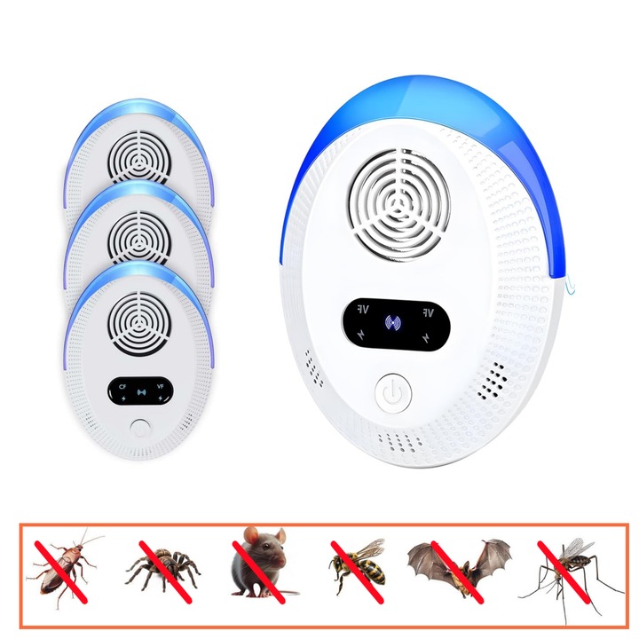 Set cu 3 Aparate profesionale cu ultrasunete, anti rozatoare, anti sobolani, anti insecte, frecventa luminii de noapte LED poate fi reglata, afisaj digital, acoperire 360°, raza 220 MP, Vanaxalife®, Alb