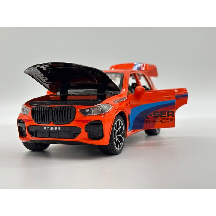 Automacheta BMW X5 M Competition, din Metal, cu Sunete, Lumini, Elemente Mobile, 20 cm - Portocaliu