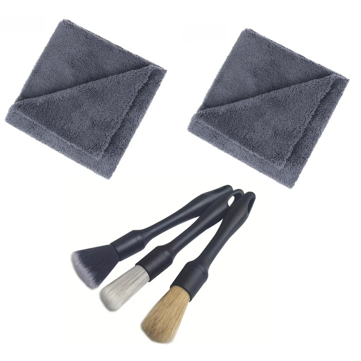 Set De 3 Pensule Profesionale Auto + Doua Lavete Fara Margini Din Microfibra Premium 450 GSM Dimensiune 40X40