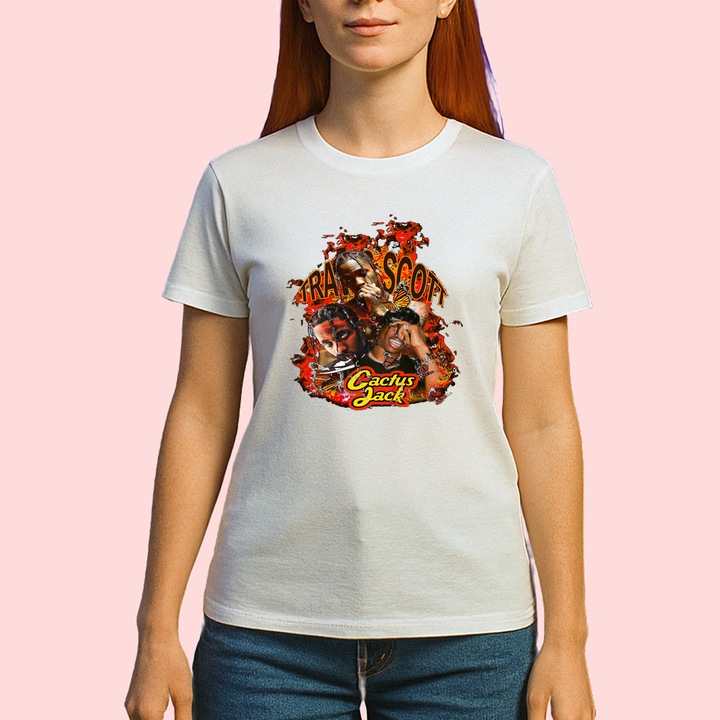 Tricou Travis Scott - Cactus Jack Flames, muzica Hip-Hop / Alternative Rap, Dama, 100% bumbac, Cri-Flo, Culoare Alb, Marime L