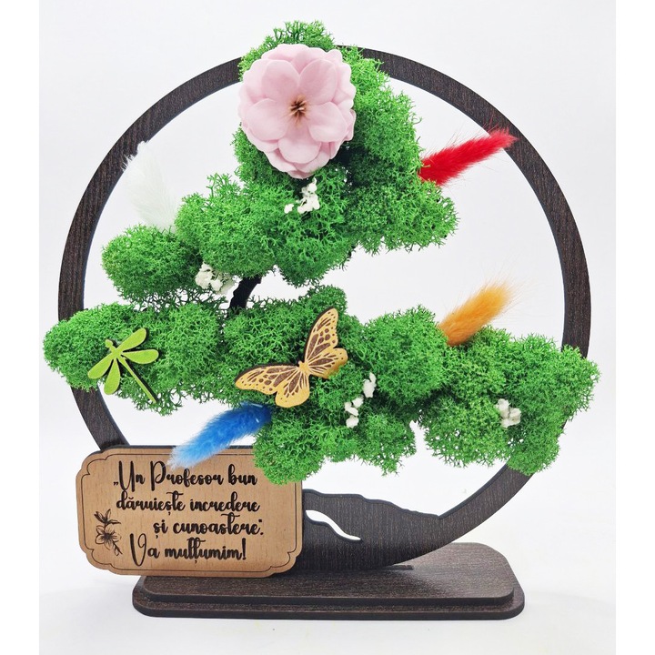 Cadou pentru Profesor – Bonsai cu Licheni Naturali Stabilizati, MDF, 20 cm, Wenge