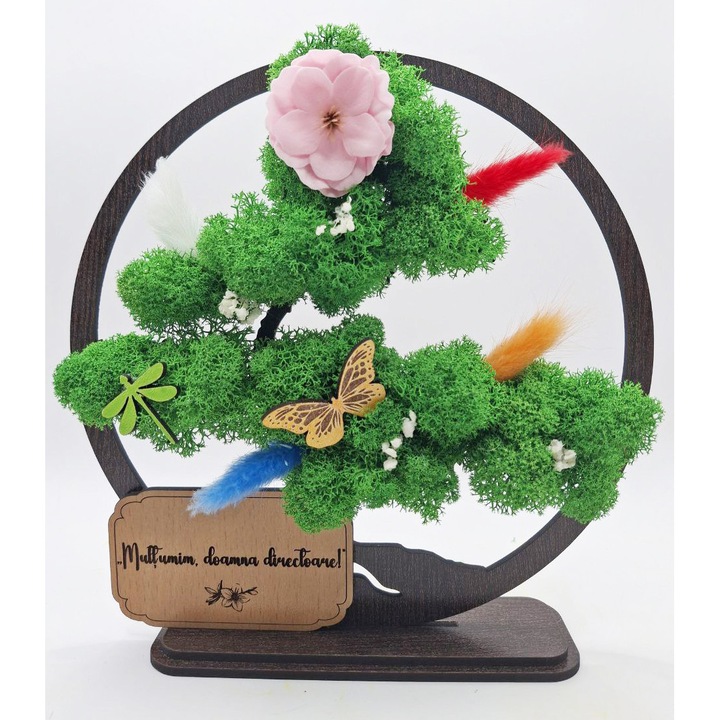 Cadou de Apreciere – Bonsai cu Licheni Naturali Stabilizati, MDF, 20 cm, Wenge, mesaj,, Multumim doamna directoare''