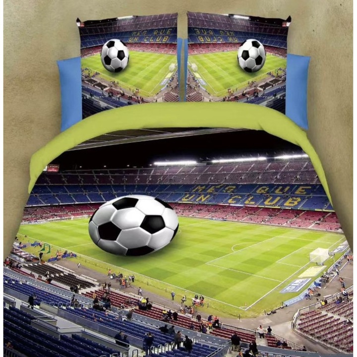 Lenjerie pat dublu, Papadie 3D, Cearsaf cu Elastic, 4 piese, 2 persoane, 180x200cm, Bumbac Satinat, Imprimeu Teren Fotbal Multicolor