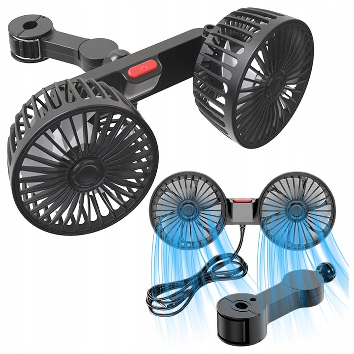 Двоен вентилатор за кола, Zola, въртене на 360°, 10W, захранване 5/12/24 V, USB, кабел 180 см, PP, 25 x 10,5 см, черен