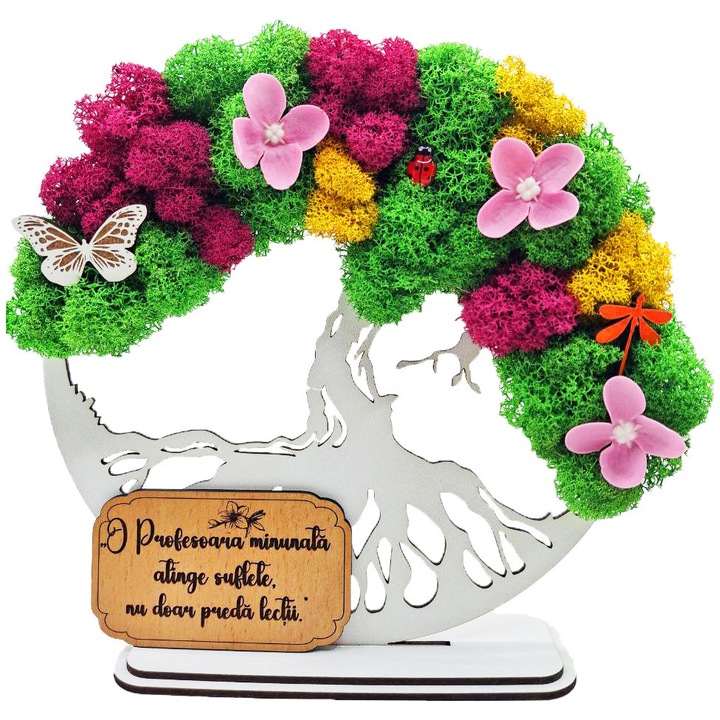 Cadou Special – Copacul Vietii cu Licheni Naturali Stabilizati, MDF, 20 cm, Alb, mesaj O profesoara minunata atinge