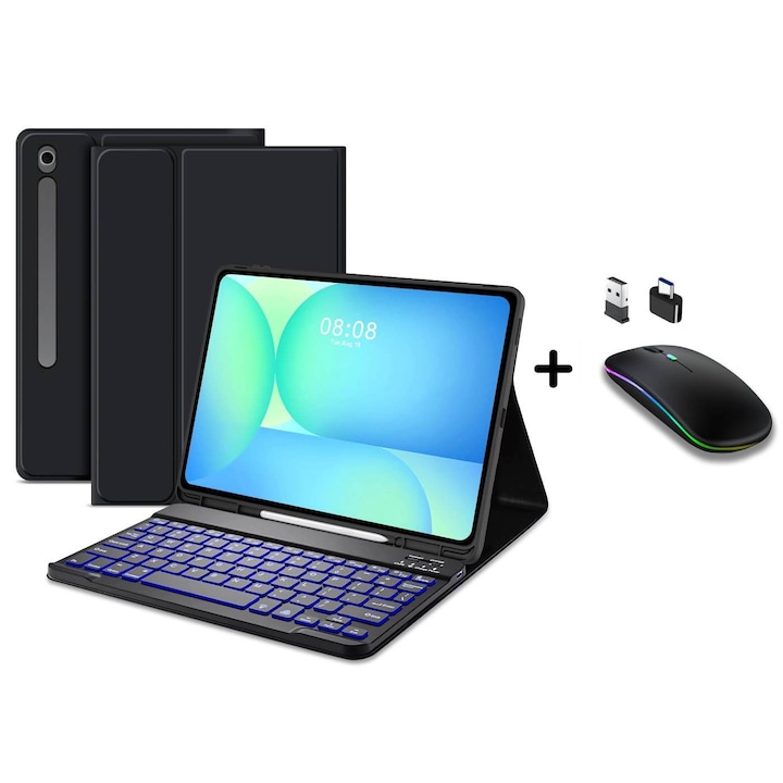 Husa pentru Samsung Galaxy Tab S10 FE+ Plus 13.1 inch cu tastatura iluminata wireless detasabila RGB 7 lights, Bluetooth, USB Type-C, functie stand si slot stylus + mouse wireless iluminat LED, negru
