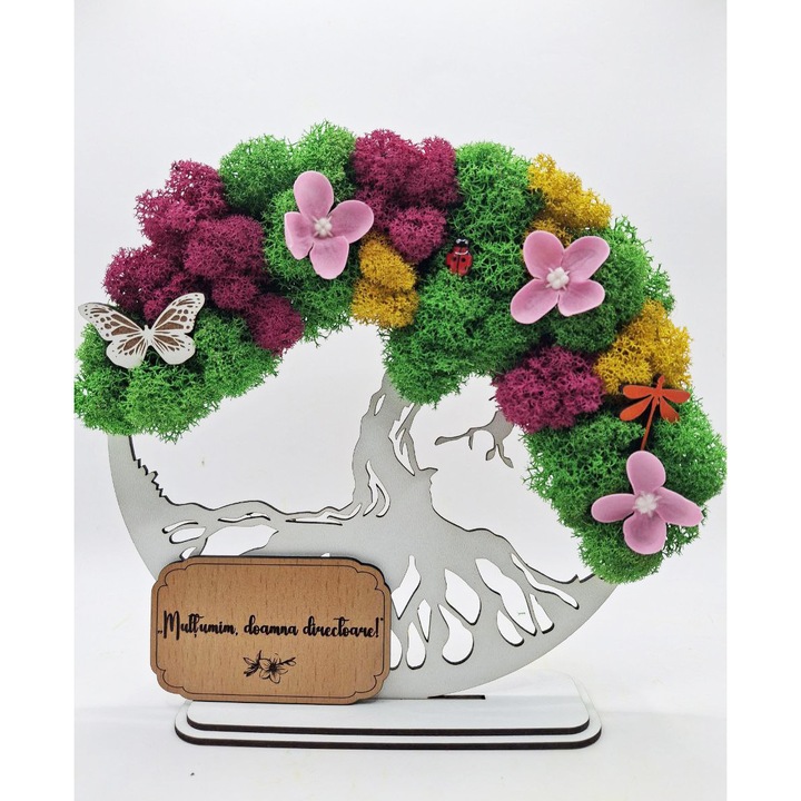 Cadou de Apreciere – Copacul Vietii cu Licheni Naturali Stabilizati, MDF, 20 cm, Alb, mesaj Multumim doamna directoare