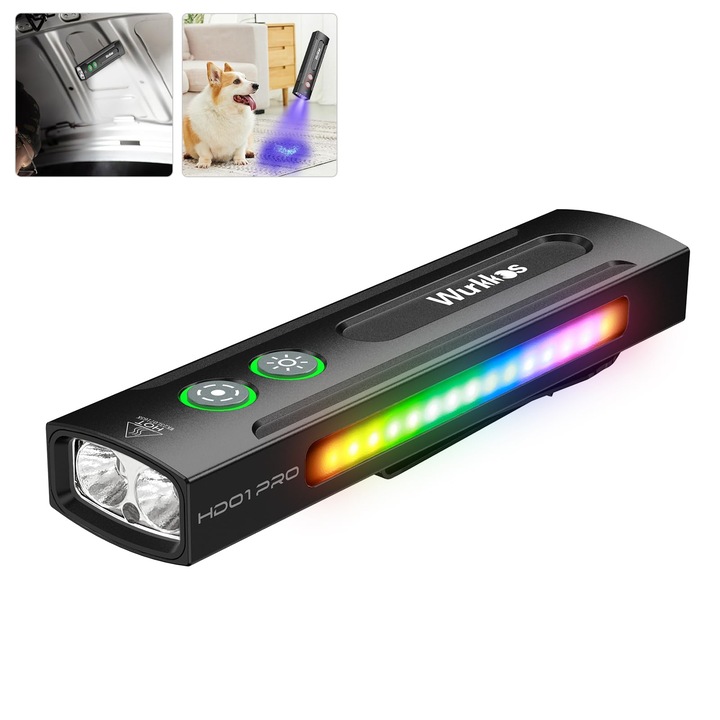 Фенерче Wurkkos HD01 Pro, LED фенерче с бяла светлина, 365Nm UV светлина, зелена светлина, RGB светлина, 1200 лумена презареждащо се LED фенерче, фенерче за външно ползване, аварийно