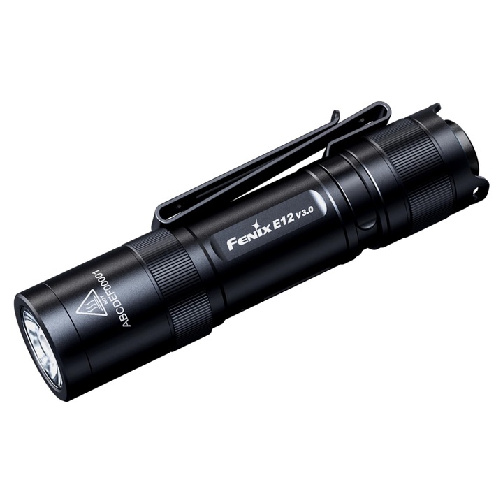 Fenix E12 V3.0, Мини фенерче, Леко, За ежедневна употреба, 200 лумена, 78 м, Макс. 100 часа, AA батерия, Двупосочна щипка за тяло, Магнитна капачка, IP68, Черен