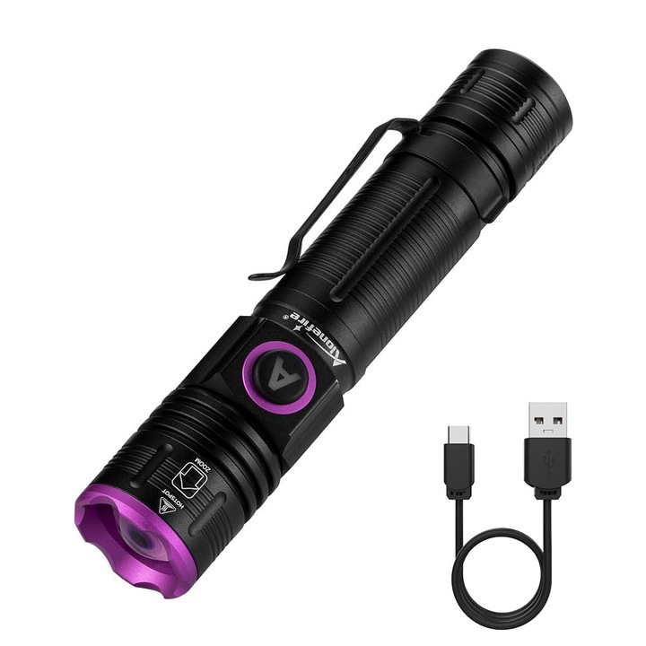 Alonefire Sv85 365Nm UV фенерче, детектор за урина на домашни любимци, детектор за пари за UV смола, риболов, скорпион, кехлибар, минерали, с включена батерия, преносим с 5W увеличение, USB презареждаем, тип C