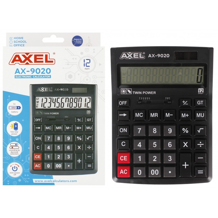 Настолен калкулатор AX-9020, 12 цифри, черен, 16x21x3 см, комплект от 50/100 бр.