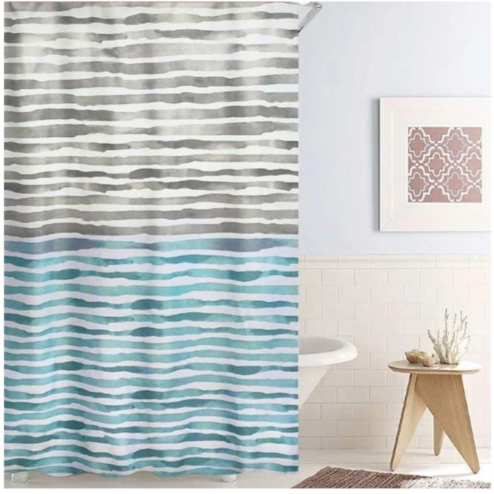 Perdea de dus, cu linii orizontale, gri verde deschis, 180x180cm