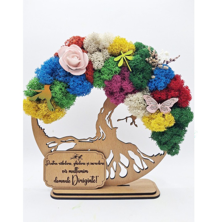 Cadou pentru Diriginte – Copacul Vietii cu Licheni Naturali Stabilizati, MDF, 20 cm, Fag