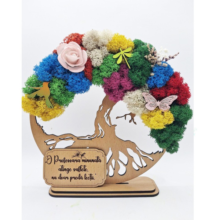 Cadou Special pentru profesoara, Copacul Vietii cu Licheni Naturali Stabilizati, MDF, 20 cm, Fag