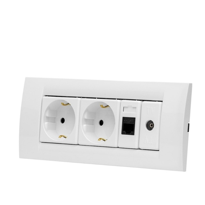 Двоен контакт с ТВ, Интернет, Рамка и Контакт, Gewiss 6M, 16A, RJ45 кат. 5E, пластмаса, Бял, Пълен комплект за гипсокартонени стени