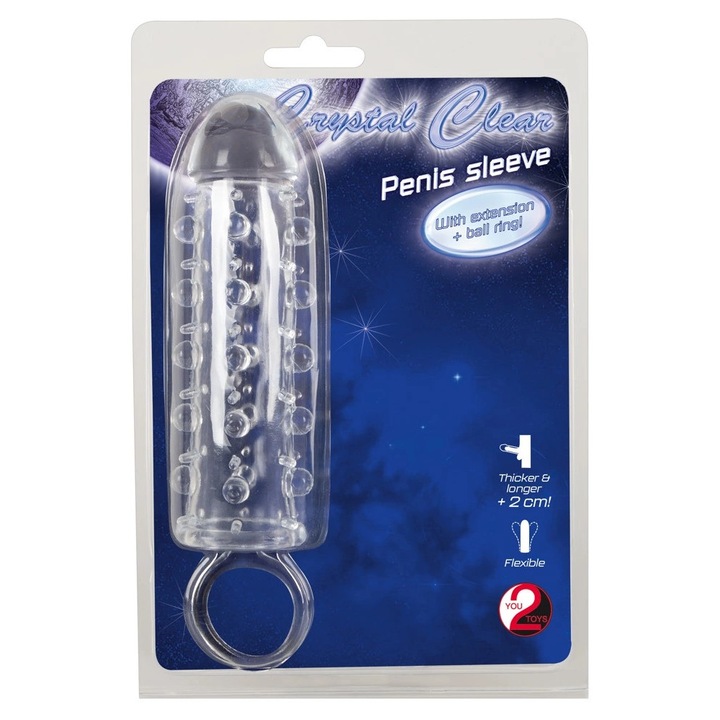 Átlátszó péniszköpeny, 2 cm-es hosszabbító, stimuláló dudorokkal és heregyűrűvel, 11x3cm, CRYSTAL